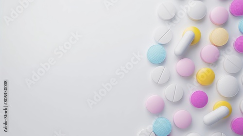 Top down view of pharmaceutical pills. Taking tablets, vitamins, painkillers, medications and dietary supplements. Top view of spoon with various pills and tablets. Banner Copy space for text. 