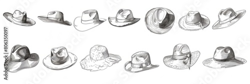 Doodle hats set, bonnet, beret, fedora linear drawings collection