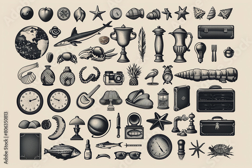 Collection of diverse objects of different types displayed on a plain white background