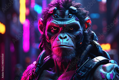 Neon monkey illustration in the future