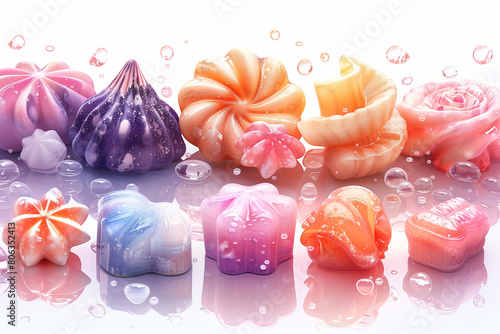 Set of soaps floating in a pool of water, creating a colorful and bubbly scene