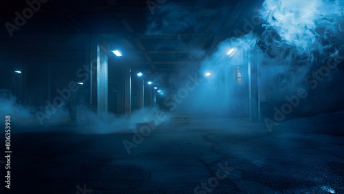 Blue neon foggy empty underground parking garage with bright lights in the distance