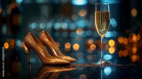 glass of champagne and golden colour high heel shoes on he ground with bokeh light blur background. 