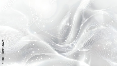 Elegant silver and white flowing curves with glitter sparkles on a white background