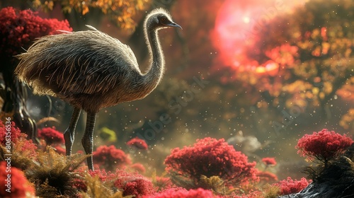 ostrich bird walking in the colourful vibrant alien, fairy tale meadow. 