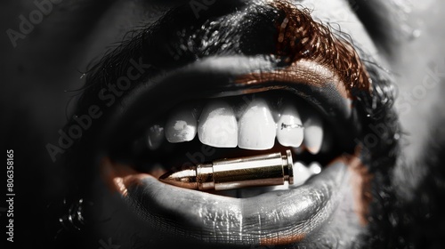  bullet between the teeth of an agressive man with beard, black and white photography, generated with AI