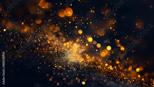 Golden glitter particles floating on a dark blue background with a spotlight, creating a magical and festive atmosphere