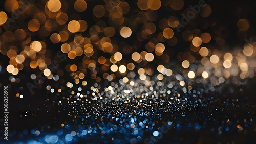 Abstract dark blue and gold glitter sparkle lights background with blurred bokeh circles
