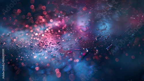 Abstract pink and blue glitter lights with water droplets on glass texture background