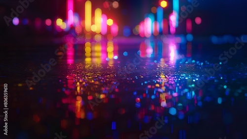 Abstract colorful blurred neon lights reflecting on wet asphalt road at night
