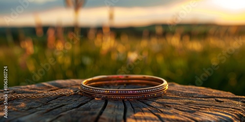 The image shows a gold ring on a wooden stump against the backdrop of a meadow at sunset.