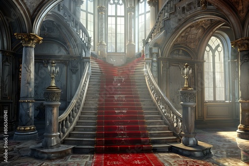 Grand Medieval Castle Interior with Ornate Staircase and Sunlight