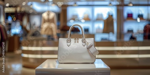 The photo shows a white handbag sitting on a glass table