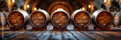 Aged Wine Barrels in Cellar Row Upon Row of Wood, Vintage wooden barrels on dark wine cellar blurred background old brown oak casks in storage of winery