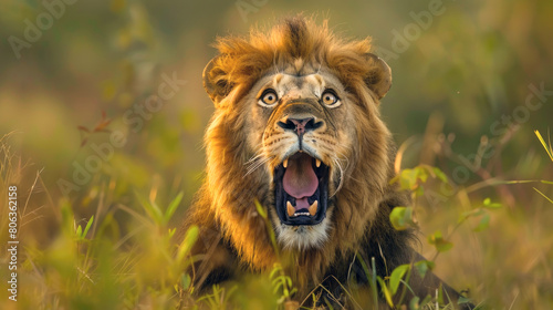 Surprised lion with open mouth, shocked and amazed expression