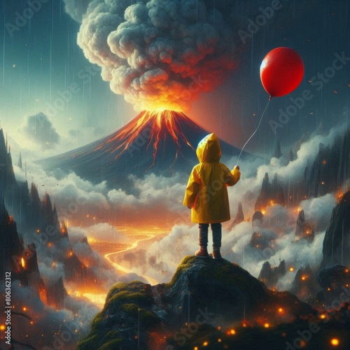 child in yellow raincoat holding red balloon, standing in front of smoking volcano