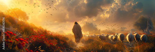 Bright Sunlight Shines on Shepherd Jesus Christ, A man is walking through a cave with a sunset in the background 