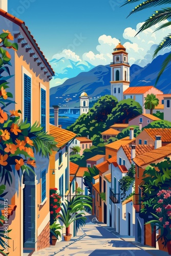 warm illustration of the cityscape of Ajaccio inside the town, Corsican city, Corsica, summer holidays vibe, generated with AI