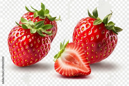 Fresh Red Strawberries with One Half Cut Isolated on Transparent
