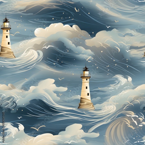 Animated lighthouse in stormy sea storm waves pattern design 