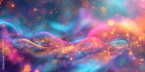 Wellenmotiv in leuchtenden Neon Farben und Lichter Bokeh als Hintergrundmotiv für Webdesign im Querformat für Banner