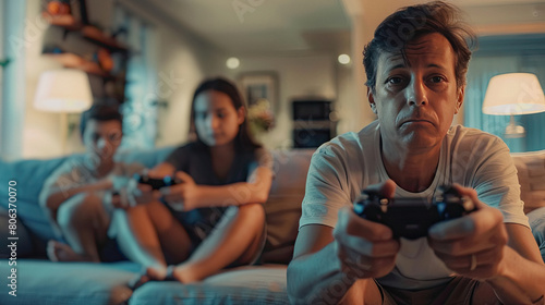 Teens and parents playing video games quarrel over a competitive moment in the living room.