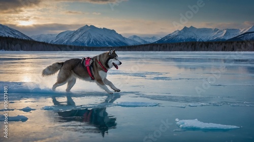 Husky dog, adorned with red harness, energetically bounds across frozen lake, its reflection mirroring on icy surface. In backdrop.