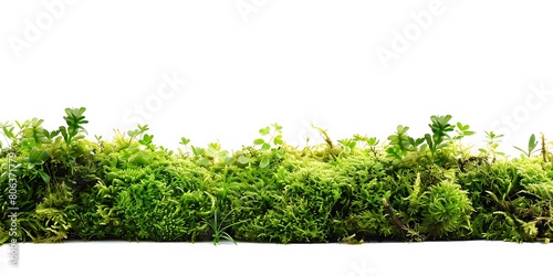 A patch of green grass and plants against a white background.