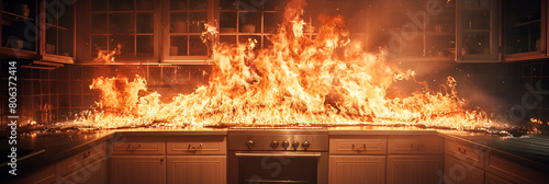 Realistic fire on kitchen wooden table background