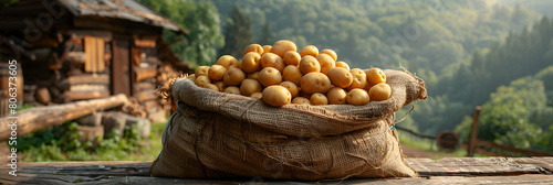 Rustic Sack Overflowing with Potatoes on a Wooded, Young potatoes in burlap sack on wooden table with blooming agricultural field on the background