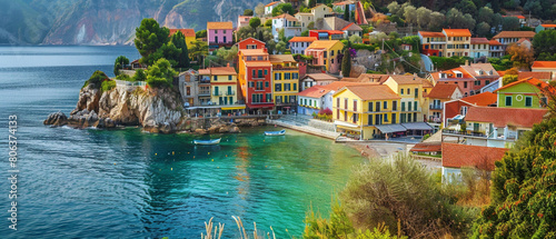 Vibrant Mediterranean village nestled along the coast, with colorful houses overlooking the serene blue waters.