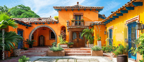 Traditional Mexican hacienda with bright, colorful stucco walls and traditional tiled roof under blue sky.