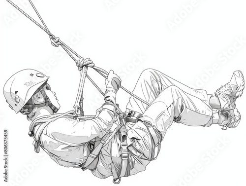 The image shows a man rappelling down a cliff. He is wearing a helmet and safety gear.