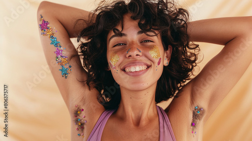 Gen-z confident young woman flaunting her decorated haired armpits with tiny colorful glitter stars. LGBTQ pride.