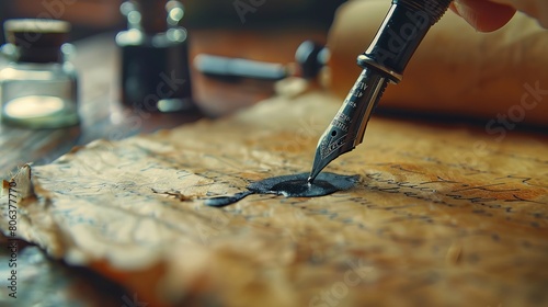 Close-up of a fountain pen being used to write on vintage parchment next to an inkwell at a wooden table