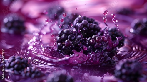 Juicy Blackcurrant Splash, Dark Purple Berries Scattered on Plum Purple