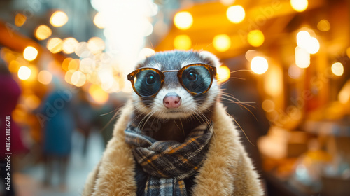 Fashionista ferret in a faux fur stole, wearing oversized sunglasses