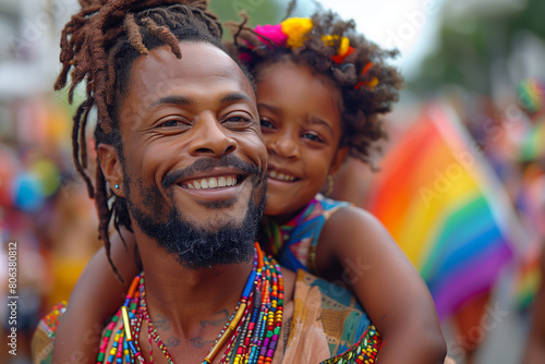 Black Father Carrying Daughter in Gay Pride Parade