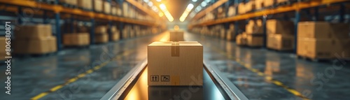 The image shows a perspective view down a long warehouse aisle with a single box sitting in the foreground and lit by a spotlight.