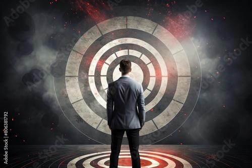 Businessman standing in front of dartboard. Concept for goal setting and achievement.