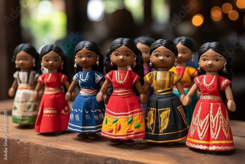 Handmade s?o jo?o wooden dolls in vibrant folk attire for festa junina, june party celebration