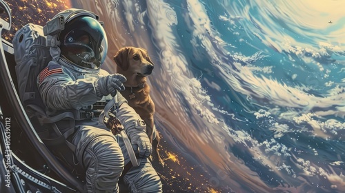 An astronaut and a dog in a small spacecraft observing Earth from space, witnessing massive storms and wildfires caused by global warming, documenting changes.