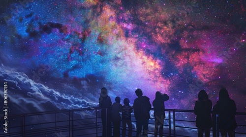 An observation deck on a distant planet dedicated to viewing the Milky Way, people of various species sharing the moment as they look towards their galactic origin