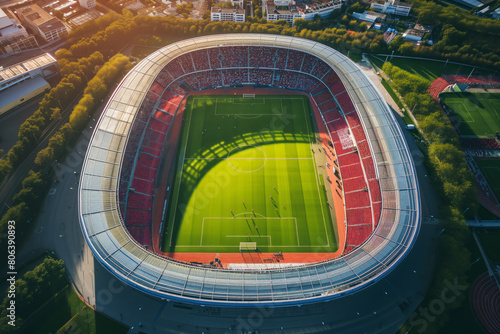 Aerial top view of a soccer football field stadium