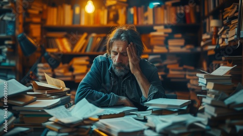A man is sitting at a desk in a library, surrounded by books. He has his head in his hands and looks stressed.