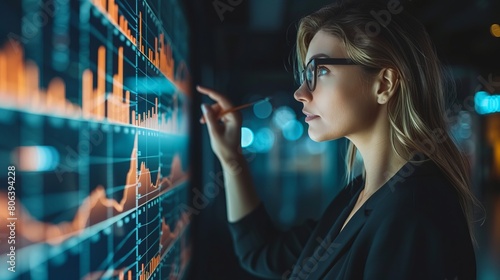 A female businesswoman studies the financial market to calculate possible risks and profits. An economist accounts money with statistics graphs on her desktop computer. She quotes exchange rates on a