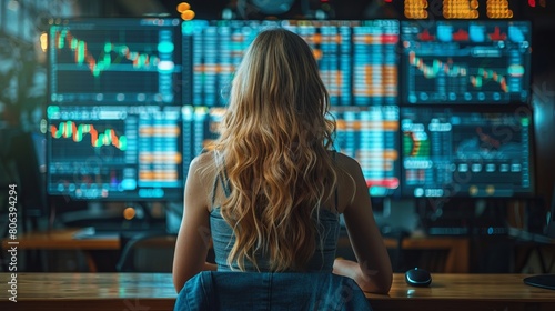 An image shows a woman financial specialist studying blockchain technology in a rear-view mirror. She sits in front of a computer and studies graphs showing statistics about the stock market. She