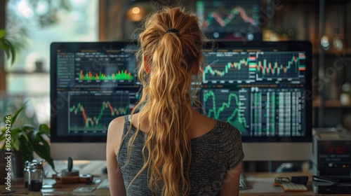 Graphs statistics of stock exchange. Female broker sitting in front of computer with graphs statistics of stock exchange. Earnings on increasing quotes.