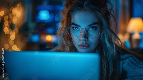 The finance worker is wearing glasses, using a laptop, and making a report to the finance firm