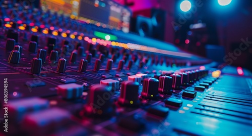 a mixing board with many knobs and lights in the background
